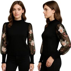 Gracia Dark Romantic Glam Sweater Sequin Floral Sheer Sleeve Dressy Blouse M